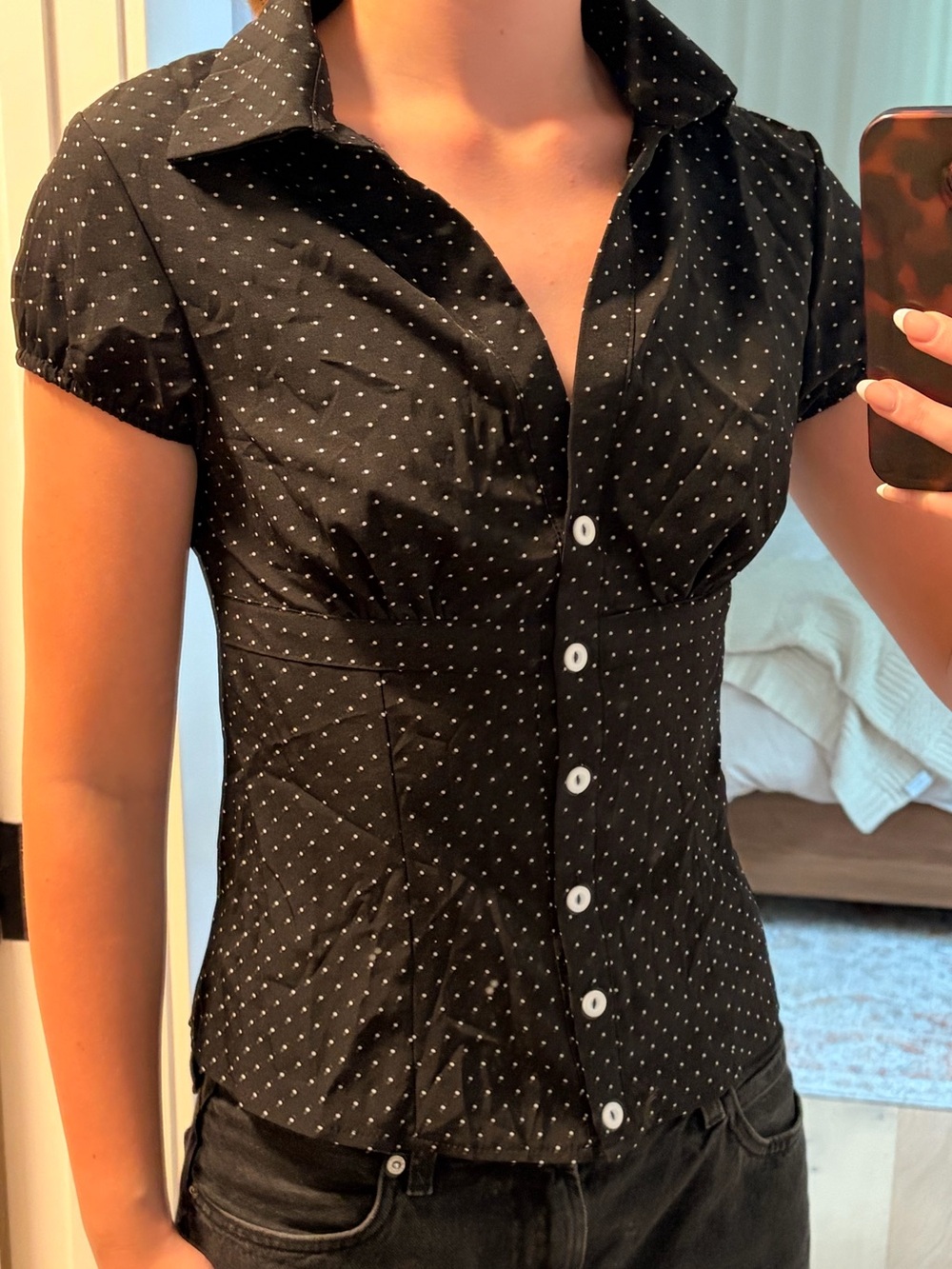 Black Polka Dot Button-Front Women’s Blouse